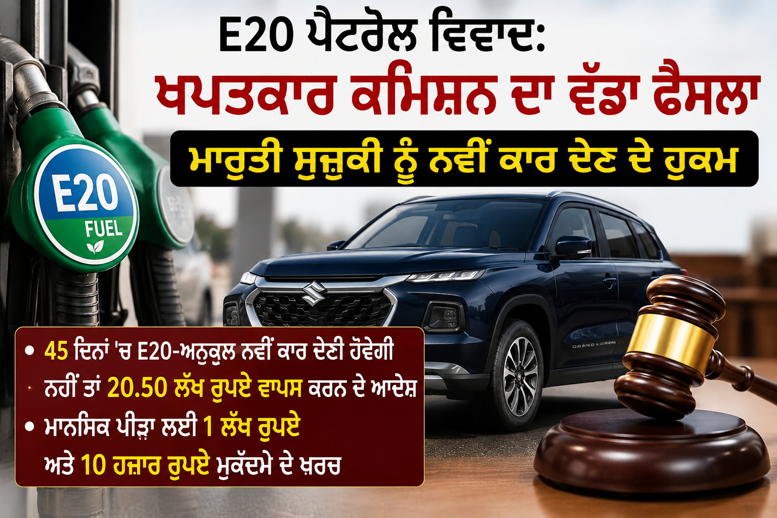 E20 ਪੈਟਰੋਲ ਤੇ ਖਪਤਕਾਰ ਕਮਿਸ਼ਨ ਦਾ ਵੱਡਾ ਫ਼ੈਸਲਾ, ਪੀੜਤ ਮਾਲਕਾਂ ਨੂੰ  ਮਾਰੂਤੀ ਸੁਜ਼ੂਕੀ ਨੂੰ ਨਵੀਂ ਕਾਰ ਦੇਣ ਦੇ ਹੁਕਮ